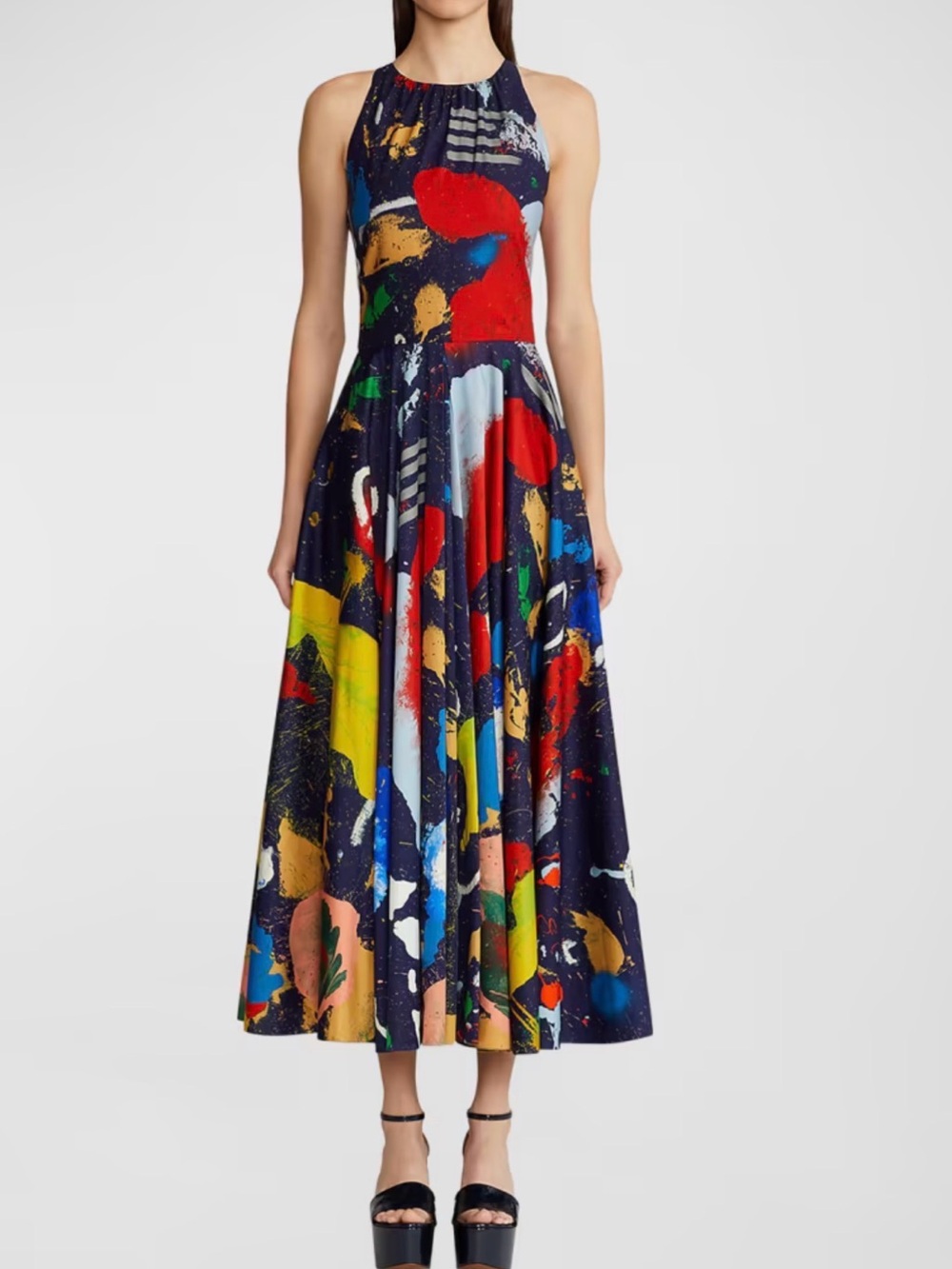 Ralph Lauren Navy Abstract Paint-Splash Midi Dress
